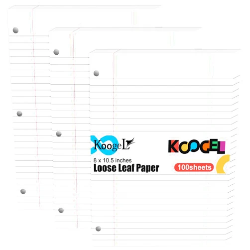 Koogel 100 Sheets Loose Leaf Paper, Wide Ruled Notebook Paper Bulk White Office Filler Paper 3-Ring Binders for School Office 8x10.5inch