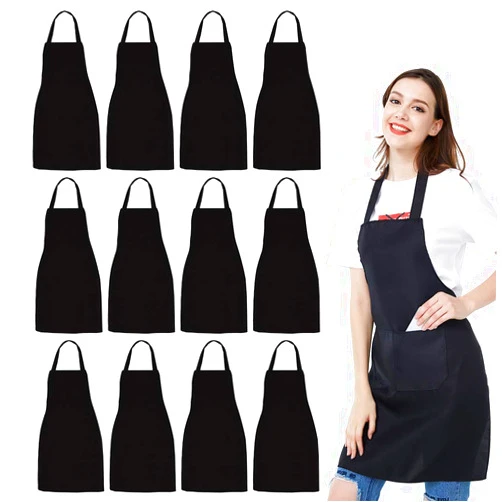 NOBONDO 12 Pack Bib Apron - Unisex Black Apron Bulk with 2 Roomy Pockets Machine Washable for Kitchen Crafting BBQ Drawing