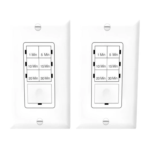 ENERLITES Countdown Timer Switch for bathroom fans and household lights, 1-5-10-15-20-30 Min Settings with Manual Override, Always On Blue LED, Neutral Wire Required, UL Listed, HET06A, White, 2 Pack
