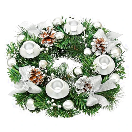 Elite Holiday Products Silver Ribbon Christmas Advent Wreath - Advent Wreaths Season Centerpiece Décor - Advent Candle Holder and X-mas Candles Decorations - Advent Calendar Season Decoration