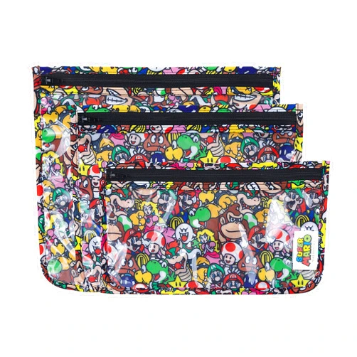 Bumkins TSA Approved Toiletry Bag, Travel Bag, Quart Zip Pouch, Clear Sided, PVC-Free, Vinyl-Free, Set of 3 – Nintendo Super Mario Mashup Super Mario Mashup Nintendo