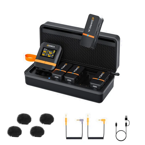 COMICA Vimo Q 4 Channel Wireless Lavalier Microphone System with Noise Cancellation, 4 Audio Tracks Output, 656ft Range, Wireless Mic for iPhone, DSLR Camera, Android, Video Recording Livestream