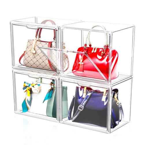 DILIBRA 4 Packs Clear Plastic Handbag Storage Organizer for Closet, Acrylic Display Case for Purse and Handbag, Stackable Storage Boxes Bag Organizer with Magnetic Door for Purse Clutch Wallet Hats