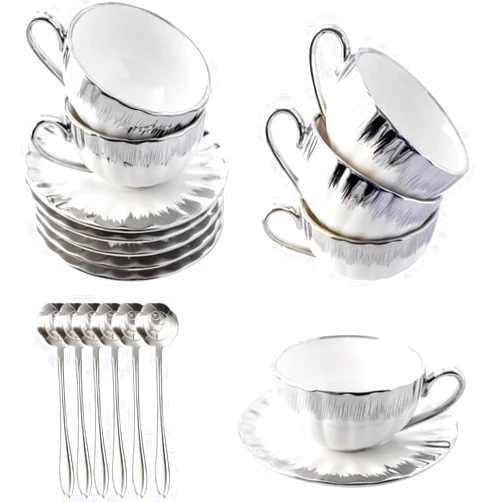 CHANJOON 6 Teacups Tea Tray Spoon Set, 6oz with Galvanized Gold Rim and Gift Box, Ceramic White English Coffee Teacup (silver, Large)