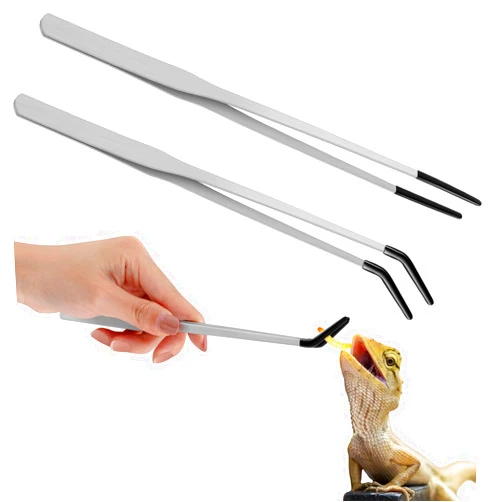 Lasnten 2 Pcs Extra Long Stainless Steel Reptile Feeding Tongs with Rubber Tip Bearded Dragon Aquarium Straight and Curved Long Tweezer Terrarium Feeder Tool for Tank(Silver, 10 Inch, 10.5 Inch)