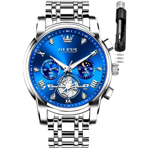 OLEVS Men Skeleton Watches Stainless Steel Analog Quartz Moon Phase Male Watch, Diamond Multi Calendar Chronograph Watch,Waterproof Wrist Watch for Men