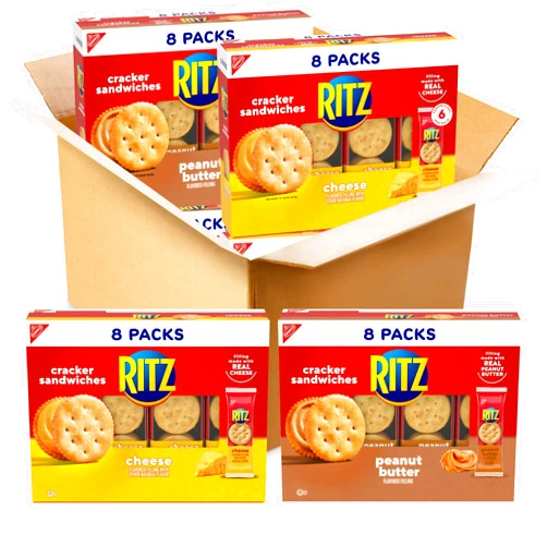 RITZ Peanut Butter Sandwich Cracker Snacks and Cheese Sandwich Crackers, Snack Crackers Variety Pack, 32 Snack Packs (6 Crackers Per Pack)