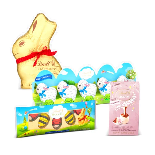 Lindt Easter Basket Chocolate Delight: GOLD BUNNY Milk Chocolate 1.7 oz, LINDOR Neapolitan Truffles 0.8 oz, Bugs & Bees and Little Lambs 5-Packs 1.7 oz Each - Premium Gourmet Chocolate for Perfect Easter Gifts