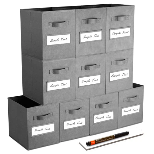 artsdi Set of 10 Storage Cubes,Foldable Fabric Cube Storage Bins with 10 Labels Window Cards & a Pen,Baskets Containers for Shelves,Closet Organizers Box for Home & Office,Gray