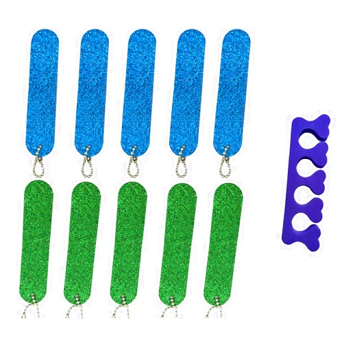 VOSAIDI 10 Pcs Professional Nail Files Nail tool Shining Blue and Green Mini Nail Colorful Files With Chain Double Sided Emery Board 180 Grit