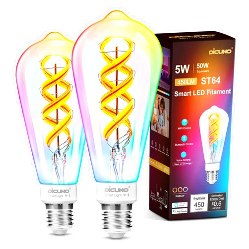 DiCUNO Smart Edison Bulb ST64, Color Changing WiFi Smart Light Bulb, Vinatge ST64 Filament Bulb Work with Alexa & Google, Dimmable with App, 50 Watt Equivalent 450LM, No Hub Required, 2 Pack