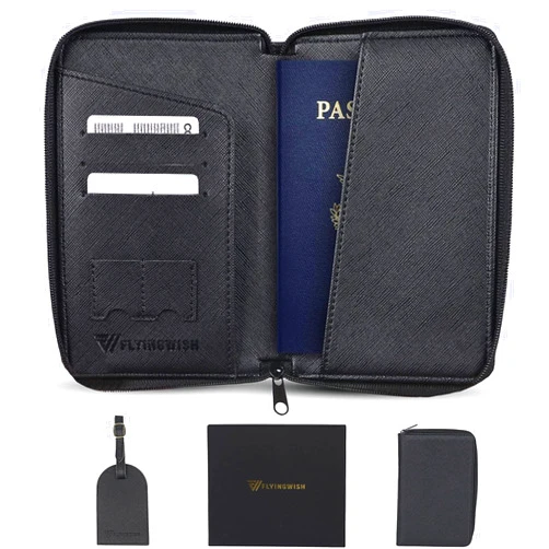 FLYINGWISH RFID Blocking Waterproof Passport Holder & Luggage Tag Set with Zipper Closure & Sim Pockets | Lightweight PU Leather for Men & Women | Travel Wallet Organizer | Black
