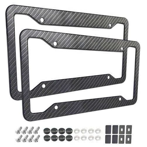ZXFOOG Carbon Fiber License Plate Frames- 2 Pack Black Aluminum Front & Rear Auto Car Tag Holder, Heavy Duty Bracket with Mount Hardware, Screws Caps, Rattle Proof Pads (Carbon Pattern