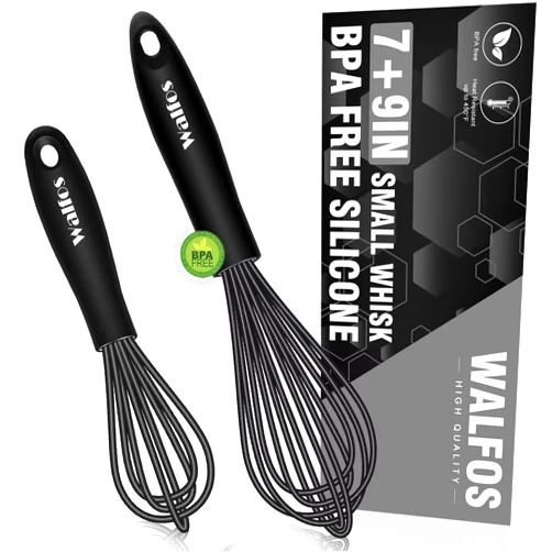 Walfos Silicone Whisk,7+9in Mini Whisk,BPA Free,Small Whisk for Non-Scratch,Heat Resistant (450°F) Nice for stirring individual eggs and mixing small amounts of powder and sauce.Dishwasher Safe.Black.