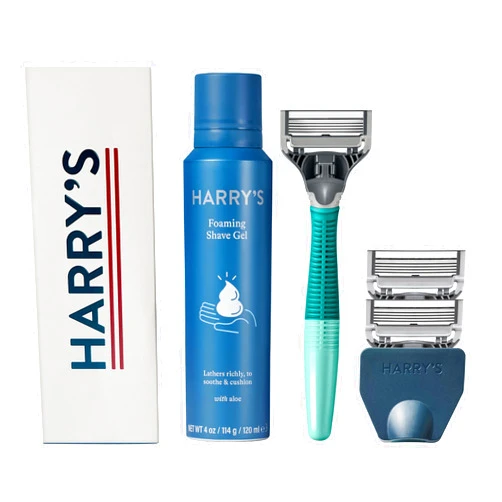 Harry's Shaving Kit for Men - Razor Handle, 3 Razor Blade Refills, Foaming Shave Gel, and Travel Blade Cover - Sage