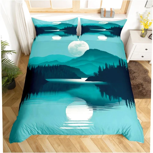 Castle Fairy Landscape Painting Duvet Cover Queen Size,Mountains Trees Moon Comforter Cover with 2 Pillowcase for Teens Adults,Teal Theme Bedding Set,Ink Art Breathable 3 Pcs Decorative Bed Cover(No Comforter)
