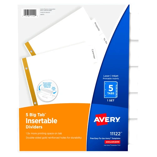 Avery 5-Tab Binder Dividers, Insertable Clear Big Tabs, 1 Set (11122)