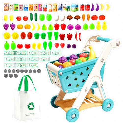 Jovow 102pcs Kids Shopping Cart Trolley Play Set with Pretend Food and Accessories,Perfect for Ages 3+ Pretend Play and Role-Playing Games