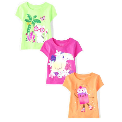 The Children's Place Baby Girls Short Sleeve Graphic T-Shirt 3-Pack Infant-and-Toddler-Shirts, Pink Summer, 2T US