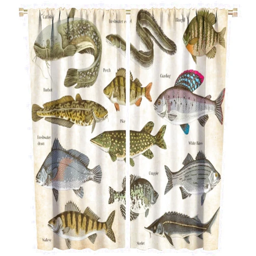 Kurtect Fishing Blackout Curtain Retro Fish Drawing Lake Thermal Insulated Drapes Darkening Window Curtain Rod Pocket Kitchen Dining Room Bedroom Living Room Cafe 2 Panels 42x54 in
