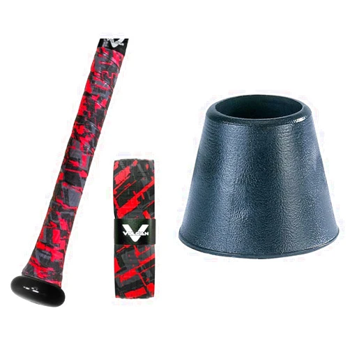 Vulcan 1.75mm Bat Grip Baseball/Softball Red Sizzle + Markwort Knobcuff EZ Taper Black Bat Accessories Bundle