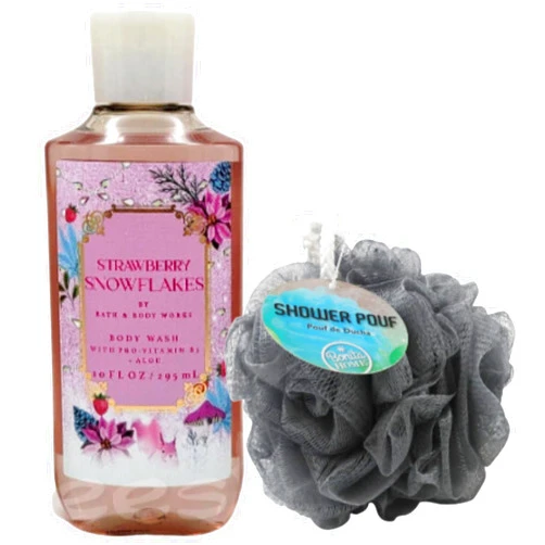 Futtest Shower Bathing Gift Set Bundle with 10 ounce Bath and Body Works Shower Gel Soap & Loofah Pouf Sponge - Gift, Birthday, Mother's Day (Strawberry Snowflakes)