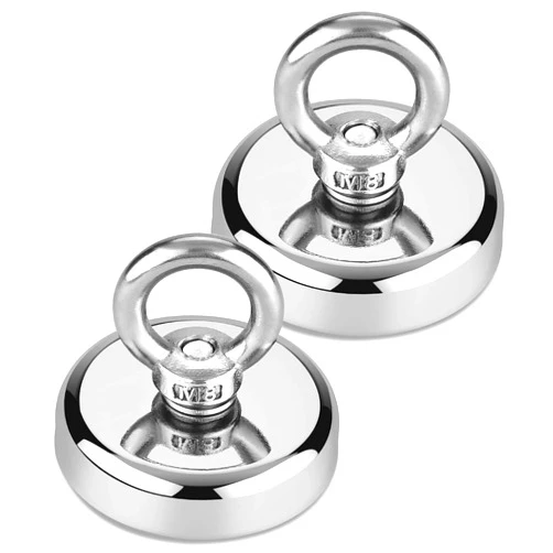 KYGNE Fishing Magnets 2 Pack, 500lbs Pulling Force Super Strong Round Neodymium Rare Earth Magnet with Countersunk Hole Eyebolt for Magnetic Fishing, River, Salvage, Treasure Hunting, 2.36