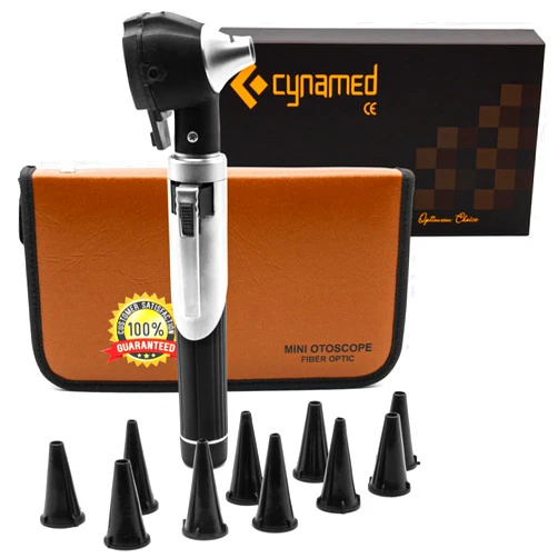 Cynamed Mini Otoscope - Portable Ear Light and Exam Kit for Home and Professional Use - 4X Magnifying Fiber Optic Scope with Spare Tips, Bulb, and Carrying Case - Pocket Diagnostic Equipment (Black)
