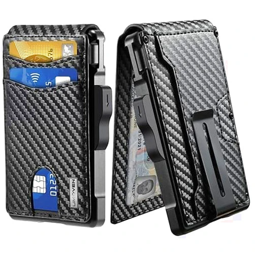TOOUP Wallet for Men with AirTag, Pop Up Magnetic Aluminum Case,Slim Leather Slot Credit Card Holder RFID Blocking Bifold Minimalist Wallet (Black)