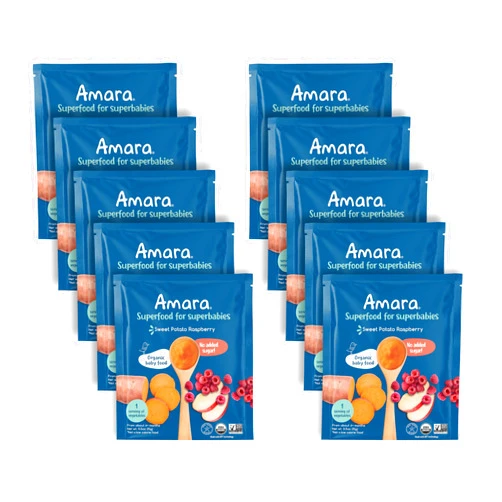 Amara Organic Baby Food - Stage 2 - Sweet Potato Raspberry - Baby Cereal to Mix With Breastmilk, Water - Baby Food Pouches Made from Organic Fruit and Veggies - 10 Pouches, 3.5oz Per Serving