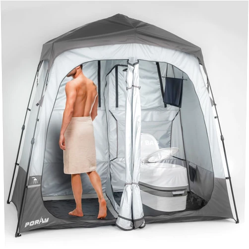 Porayhut Camping Shower Tent Deluxe Changing Room Easy Set Up Privacy Shelter,Large Toilet Tent 2 Rooms with Floor Drain Design for Beach, Camping,Hiking with Stakes and Ropes for Stability