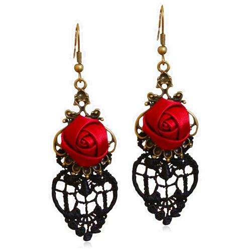 SLSF Unique Personalized Punk Handmade Lightweight Vintage Red Rose Flower Dangle Drop Earrings for Women Statement Jewelry Gifts Retro Fabric Flower Hook Earrings