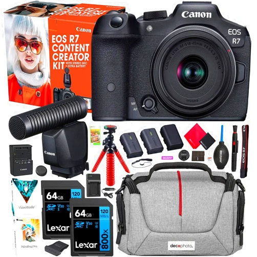 Canon EOS R7 Mirrorless Camera Content Creator Kit Including Body + 18-45mm IS STM Lens + Microphone + 3 Battery 5137C055 Bundle with Deco Gear Photography Bag + 2 64GB Memory Cards + Accessories Kit