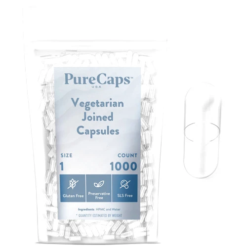 PureCaps USA - Empty Vegetarian Vegan Pill Capsules Size 1, 1,000 Empty Joined Vegetarian Pills, Clear, Non-GMO Certified, Kosher, Gluten Free, Halal Certified, Preservative Free Pill Capsules Empty