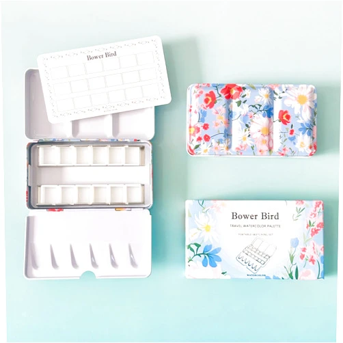 Bower Bird Empty Watercolor Palette, Metal Tin Palette for Artist Watercolors,Unique Pattern Metal Watercolor Paint Tin for Watercolors Oils and Gouache (12 Wells)