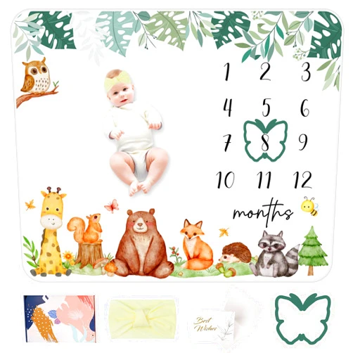 AOKE Baby Milestone Blanket Animals Baby Monthly Milestone Blanket for Baby Boy Animals Milestone Blanket for Baby Boy Shower Gifts Includes PhotoProps Frames Bow Headband Photos
