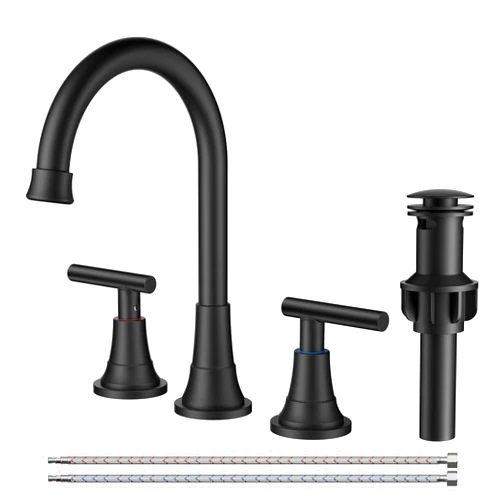FORIOUS 8 Inch Widespread Bathroom Faucet Black, 2 Handle 360° Swivel Matte Black Bathroom Sink Faucet 3 Hole, with 360 Degree Rotating Spout, Pop-up Drain, and Supply Lines, for 6 Inch Vanity Sink