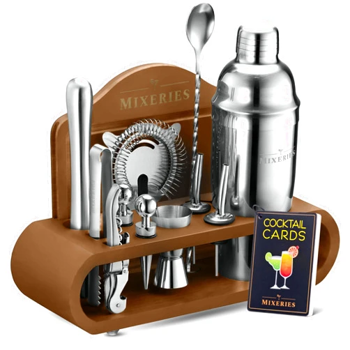 Mixeries Mixology Bartender Kit with Stand - 18 Piece Bar Set Cocktail Shaker Set, Drink Mixer Set for Home Bar with All Bar Accessories - Bar Tool Set, Cocktail Kit, Mixology Set, Bar Kit (Brown)