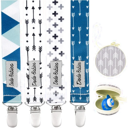 Dodo Babies Pacifier Clip Set - Four Clips Plus Binky Case – Universal Holder Fits Most Paci Brands, Teether Toys and Car Seats – Blue and Teal Prints for Girls or Boys