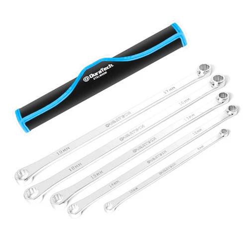 DURATECH 5-Piece Extra Long Wrench Set, Double Box End Wrench Set, 0 Degree Offset, Metric, CR-V Steel, 8mm, 10mm, 12mm, 13mm, 14mm, 15mm, 16mm, 17mm, 18mm, 19mm, Organized in Rolling Pouch