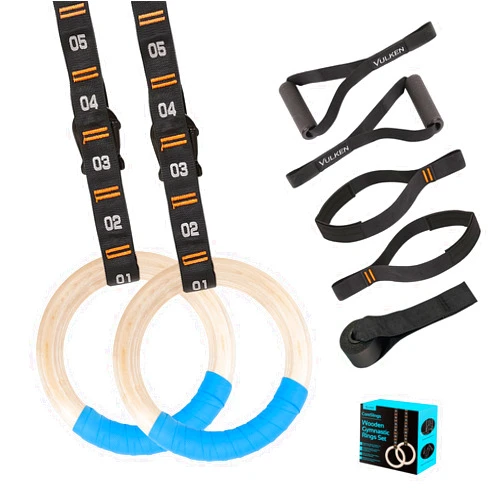 Vulken Wooden Gymnastic Rings with Adjustable Numbered Straps. 1.25'' Olympic Rings for Core Workout, Crossfit, Bodyweight Training. Home Gym Rings with 8.5ft Exercise Straps and Workout Handles.