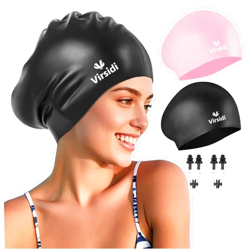 VIRSIDI 2 Pack Large Swim Caps for Long Hair, Silicone Swimming Cap for Adult Women Men, Waterproof Swim Hats Bathing Caps to Keep Hair Dry with Bonus Nose Clip and Earplugs