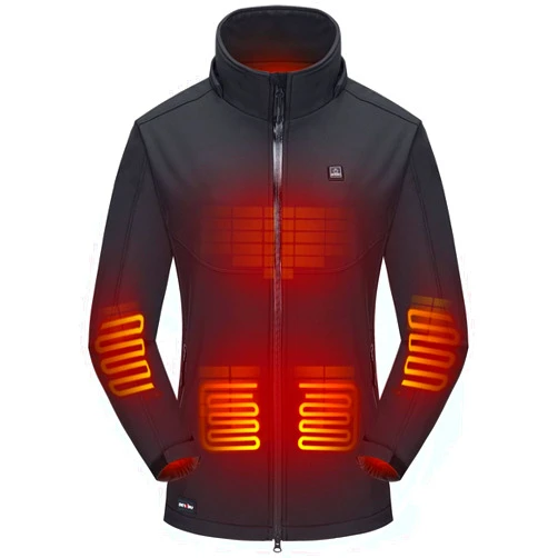 DEWBU Soft Shell Heated Jacket for Women with 12V Battery Pack and Detachable Hood Outdoor Electric Heating Coat