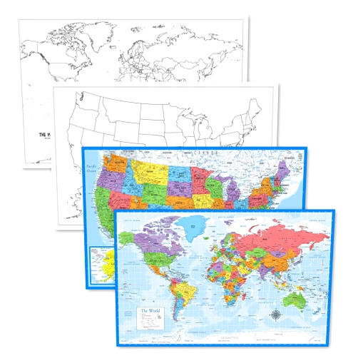 Palace Learning 4 Pack - USA & World Map Blank Outline Posters + World & USA Maps [Blue Ocean] (LAMINATED, 18