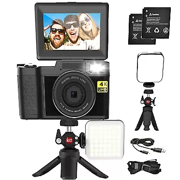 Novzzovaz 4K Digital Camera, Autofocus 48MP Vlogging Camera for YouTube with Flip Screen Cameras for Photography with Batteries, Fill Light, Mini Tripod Accessories