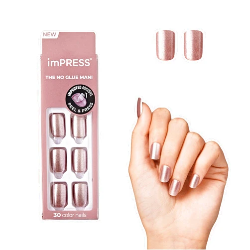 ImPRESS KISS imPRESS No Glue Mani Press On Nails, Color, 'Champagne Pink', Pink, Short Size, Squoval Shape, Includes 30 Nails, Prep Pad, Instructions Sheet, 1 Manicure Stick, 1 Mini File