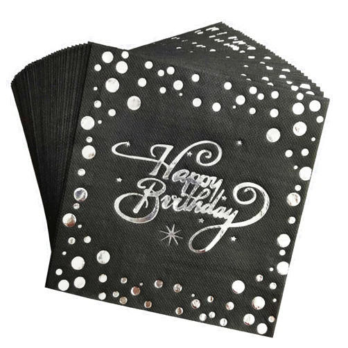 AAAMN 40 pcs Birthday Party Paper Napkins Black and Silver,Disposable Paper Napkins with Silver Stamping for Adults and Kids Birthday Party (6.5x6.5 In)