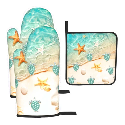 LANAIQO Sea Turtles Beach Oven Mitts and Pot Holders Sets of 3 Nautical Kitchen Decor Heat Resistant Hot Pads Teal Nautical Decorative Oven Gloves for Cooking Grilling Baking