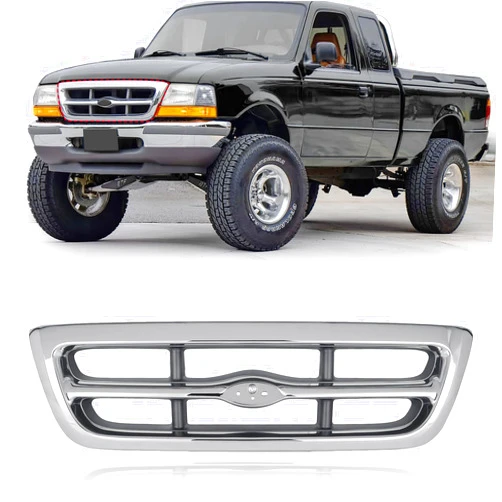 CarPartsDepot Front Chrome Gray Shell Grille Assembly Grill Silver Bar Insert Compatible With Ford Ranger 4WD RWD 1998-2000 Standard Extended Cab Pickup XLT Models F87Z8200EAA FO1200340