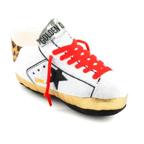 Haute Diggity Dog Original Golden Pooch Tennis Shoe, Plush Designer Dog Toys with Interactive Squeaker, Stimulating Pet Enrichment, Machine-Washable & Safe Materials for All Breeds, One Size